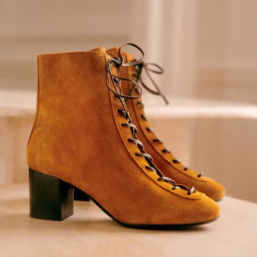 Sezane Sandy Suede Lace-Up Ankle Boots - Picture 1 of 10
